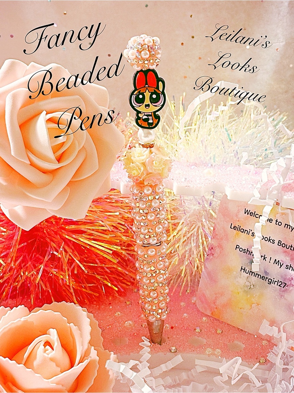 Fancy Beaded Pink Pearl Pen/Fancy beaded pen/gifts/girly/flower beads/blossom/